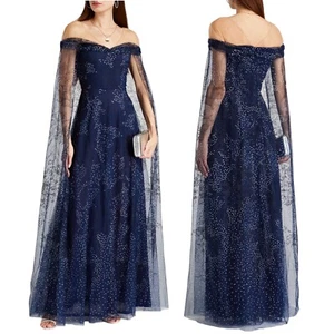 NEW Marchesa Notte Tulle Overlay Cape Embellished Gown Blue Women Size 0 - Picture 1 of 11