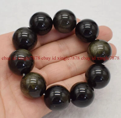 Brazalete Elástico Genuino 6mm-20mm Ojos Oro Natural Obsidiana Piedras Preciosas Redondas 7.5" Foto 1 de 4