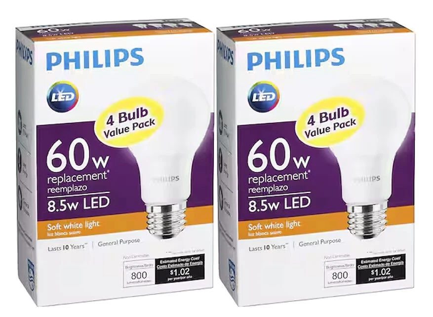 8 Philips LED 8.5W A19 Soft White Light 800 Lumens 120 Volts 2 Packs of 4 NEW - Image 1 of 1