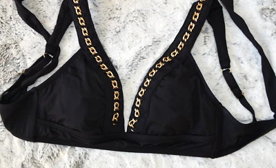 Kenneth Cole Black Bikini Top Removable Pads, Gold Chain Plunge Adjustable, S - Image 1 of 4