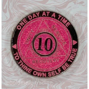 10 Year Alcoholics Anonymous Medallion Pink Silver Plated AA Sobriety Chip Coin - Picture 1 of 6