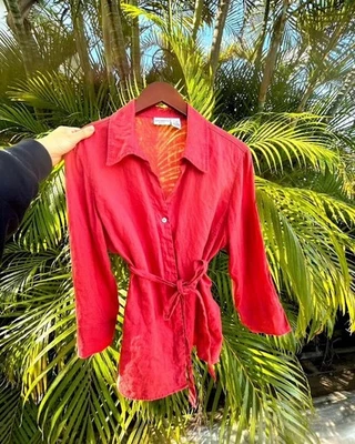 linen blouse XL coral red button up top belted shirt coastal Covington beachy - Image 1 of 4