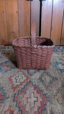 Antique Early Country Primitive Wood Splint Gathering Basket Old Red Paint 11" - Image 1 of 4
