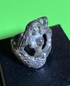 Rare ANTIQUE Artisan Sterling Silver Sculpted MERMAID Sea Goddess 925 Ring 7 - Picture 1 of 4