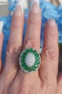 Oval Natural Emerald Cluster Statement Ring, Sterling Silver, Sz 6
