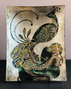 FOIL ART GLASS- Green Gold Silver Rectangular Glass Plate Tray Peacock 13x10.25" - Picture 1 of 9