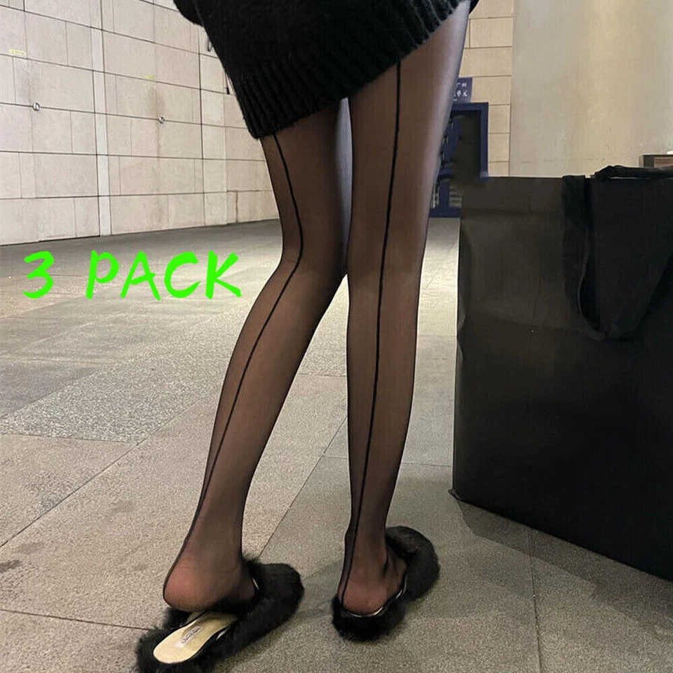 Women Retro Oily Shiny Open Crotch Pantyhose Vertical Striped Slimming Stockings - Image 1 of 4