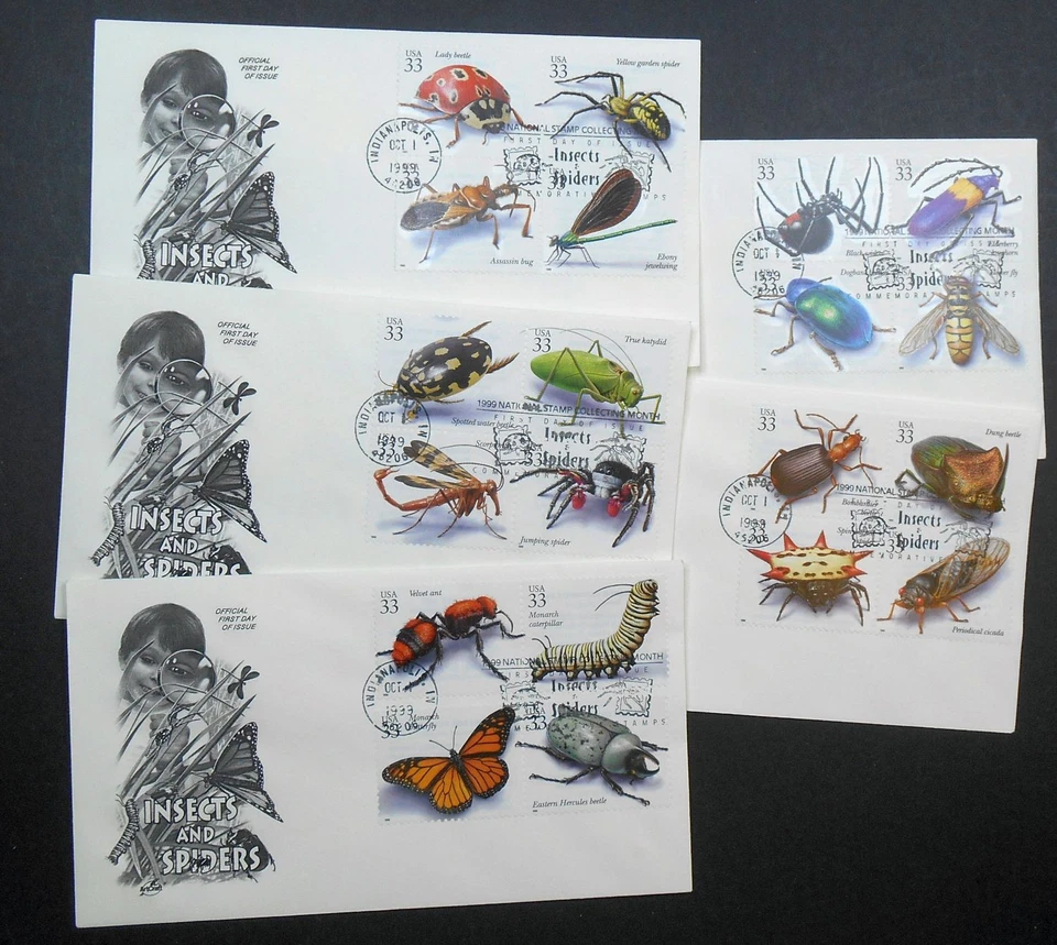 1998 INSECTS AND SPIDERS 20 designs Sc 3351a-t on set of 5 ArtCraft FDCs - Image 1 of 3
