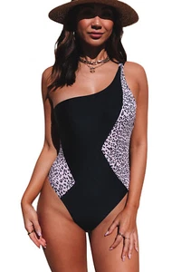 Sexy Black Leopard Splice One Shoulder Swimwear One Piece Togs  Plus Size 8-18 - Bild 1 von 3
