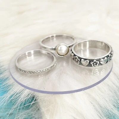 SET OF 3 Sterling Silver Stack Rings Crystal CZ Faux Pearl Hearts Size 6.5-7 - Image 1 of 4