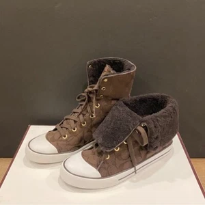 Scarpe da ginnastica alte Coach Bonney firma marrone shearling stivali 8,5 NUOVI - Foto 1 di 5