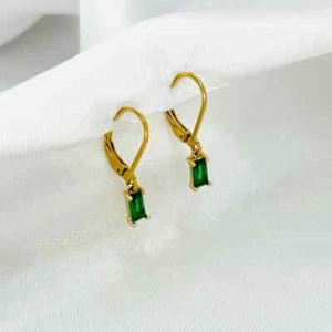 Emerald Green CZ Hoop Earrings, Dainty Gold Drop Earrings, Square Green Stone - Picture 1 of 10