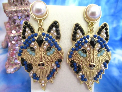 Beautiful Gold Tone Multi-color Beads Wolf  Husky Dog Pearl Pierced Earrings NWT - Image 1 of 4