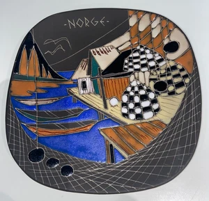 Targa da parete ceramica norvegese AWF Halden Norge H-Malt 457 barche da pesca vintage - Foto 1 di 4