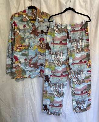 Vintage 1950s Brent Photoprint Men's Cotton PJs Pajamas Hunting Fishing Fabric - Image 1 of 4
