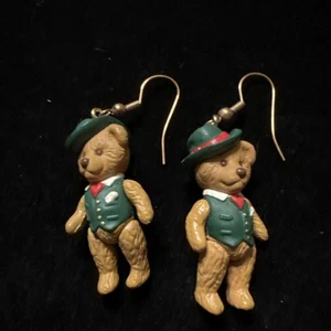 Vintage Hallmark Teddy Bear Earrings 1997 Green Vest (Lot# 554) - Picture 1 of 5