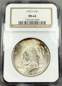 1923-S Peace Dollar $1 - NGC MS64 - Light Rainbow Toned - Picture 1 of 2