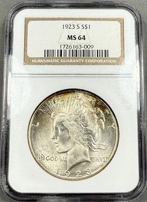 1923-S Peace Dollar $1 - NGC MS64 - Light Rainbow Toned - Image 1 of 2
