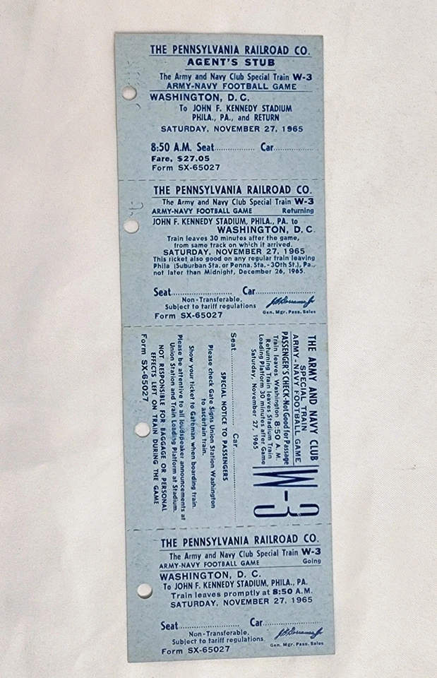 1965 PA Railroad Train Ticket Army Navy Football Game DC To Philadelphia W-3 Blu - Image 1 of 1