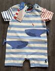 NWT Joules Cotton Rich Blue Whale Striped Romper: Upto 1m