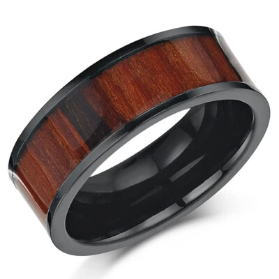 Anillo de boda/compromiso de titanio negro para hombre incrustación central de madera de koa genuina 8 mm Foto 1 de 2