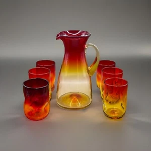 "Juego de jarra de mandarina de vidrio Blenko y vaso pellizcado de 6""" - Imagen 1 de 9