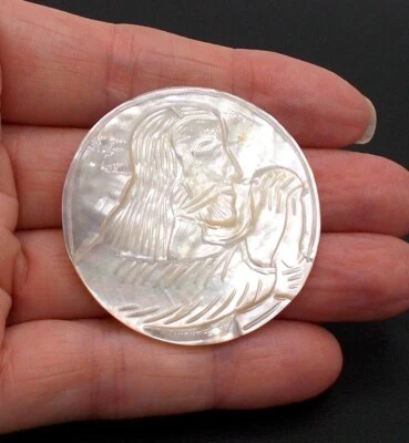 Vintage Carved Bethlehem Pearl Button White Shell Christian Jesus Praying 1 3/4" - Image 1 of 4