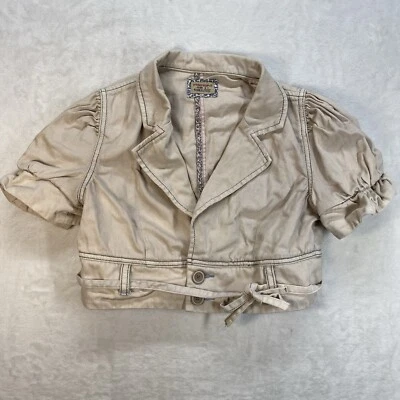 Free People Cropped Denim utility Jacket Womens 8 Beige Puff Short Sleeve Y2k - Image 1 of 4
