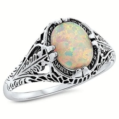 ANTIQUE STYLE LAB-CREATED OPAL 925 STERLING SILVER SOLITAIRE FILIGREE RING  682X - Image 1 of 4