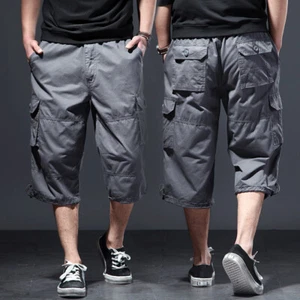 Men Cotton Elastic Waist Cargo Shorts 3/4 Trousers Loose Pants Multi Pocket New - Picture 1 of 16