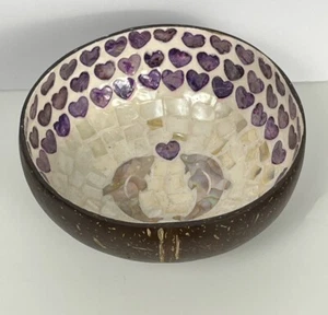Coconut Shell Bowl Dolphin Purple Hearts Mother of Pearl Handcraft Trinket Dish - Picture 1 of 6