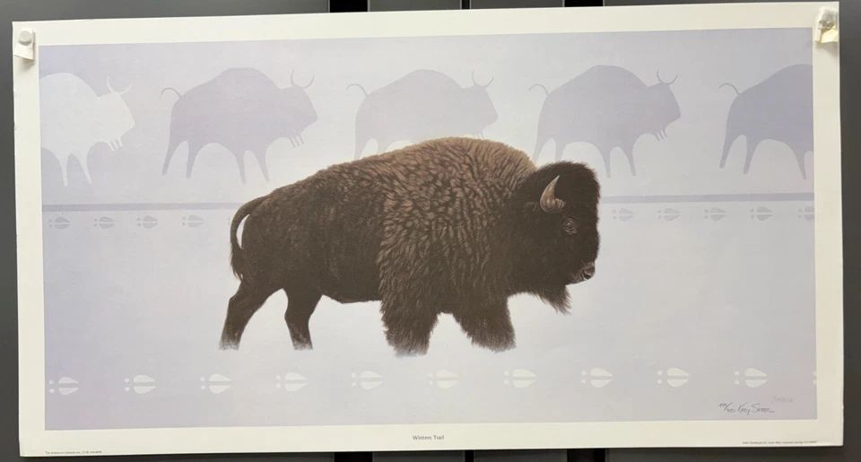 Kirby Sattler, Winter's Trail, arte nativo americano, litografía, arte de búfalo Foto 1 de 1