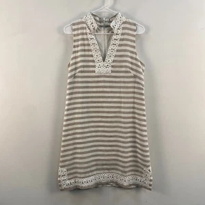 Eliza J Womens 6 Dress Linen Stripe Sleeveless White Brown Embroidered V-Neck - Picture 1 of 13