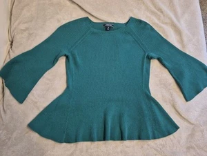 Lands' End Damen M 3/4 Arm Ponte Schößchen Oberteil Strick Pullover Baumwolle Grün LESEN  - Bild 1 von 11