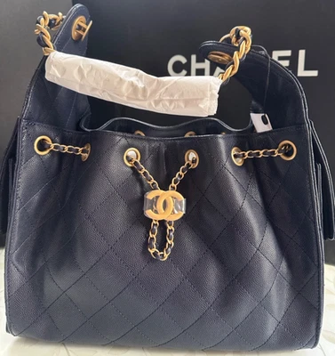 New 25A CHANEL 25 Bag Dark Navy Blue Caviar Leather Small Hobo Tote Gold RECEIPT - Image 1 of 4