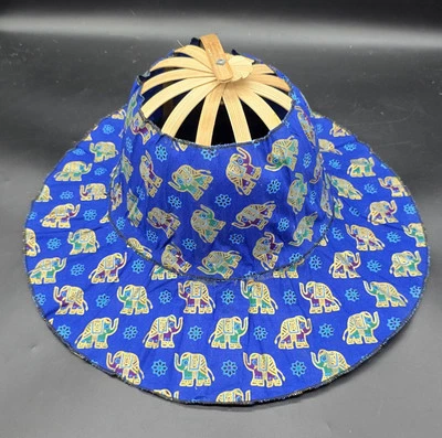 Vintage Thai Hat Wide Brim  Elephant Designs~Bamboo Foldable Sun Shader Hat - Image 1 of 4