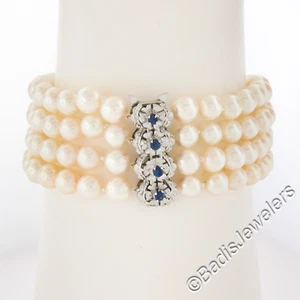 Vintage 18k Gold 2.25ctw Sapphire Textured Clasp 4 Row Excellent Pearl Bracelet - Picture 1 of 9
