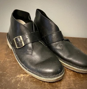 Vintage Women 7 M Clarks Originals Desert Boots Navy Blue Leather Brass Buckle - Picture 1 of 10