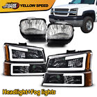 LED DRL Amber Chrome Headlights+Bumper Fog Lights Fit For 03-06 Chevy Silverado