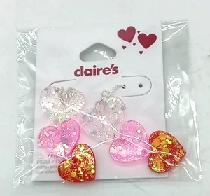 Claire’s 3 Hearts 💖 Sparkle Dangle Drop Earrings  NEW - Picture 1 of 4