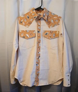 Nwt Western Shirt womens M Beige Brown Gray Feathers Snap up Shirt Rodeo Cowgirl - Picture 1 of 8