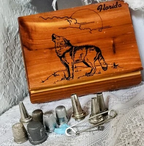 Vintage Cedar Wolf Box With Antique To Vintage Sewing Thimnles Sterling - Picture 1 of 4