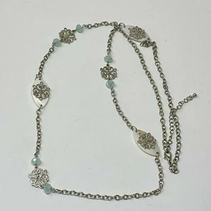 Silver Tone Chain Necklace with White Shell and Blue Glass Stations 36" Long - Picture 1 of 5