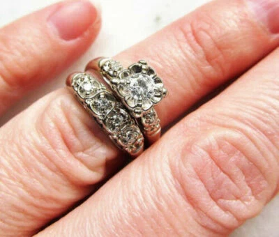 1/2 CT White Round Simulated Diamond Art Deco Antique Style 925 Silver Ring Set - Image 1 of 3