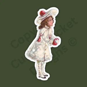 Vintage Christmas Card Style Victorian Girl With Snowball 4" Vinyl Sticker - Picture 1 of 1