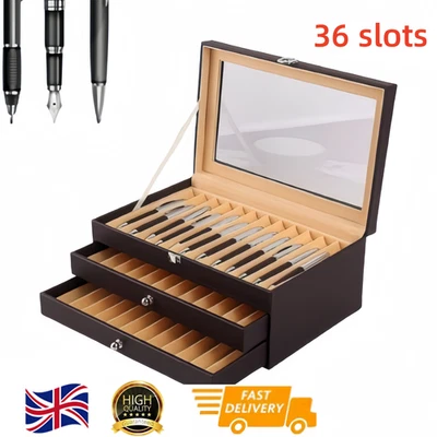 Fountain Pen Display Case 36 Slots Pens Wood Leather Collector Organizer Box - Image 1 of 4