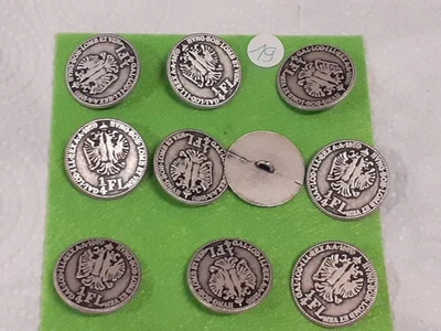10 BOTTONI TIROLESI SARNER DIRNDL METALLO ARGENTATO FORMA MONETA 25 mm. - Immagine 1 di 2