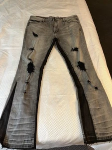 Rockstar Original RSM205 Tibbs Flare Gray/Black Denim Size 42x34.5 Distressed - Picture 1 of 9