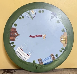 Lazy Susan 15” Serving Tray Wood Hand Painted Cincinnati Ohio Landmarks - Picture 1 of 12