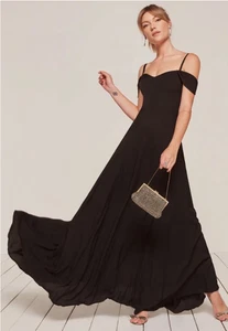Reformation Mohn langes Kleid schwarz Cold Shoulder Herzausschnitt Gr. 4 - Bild 1 von 11